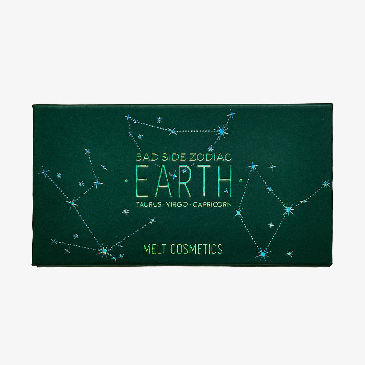 Eine dunkelgrüne Bad Side Zodiac Lidschattenpalette von Melt Cosmetics mit Sternbildern.