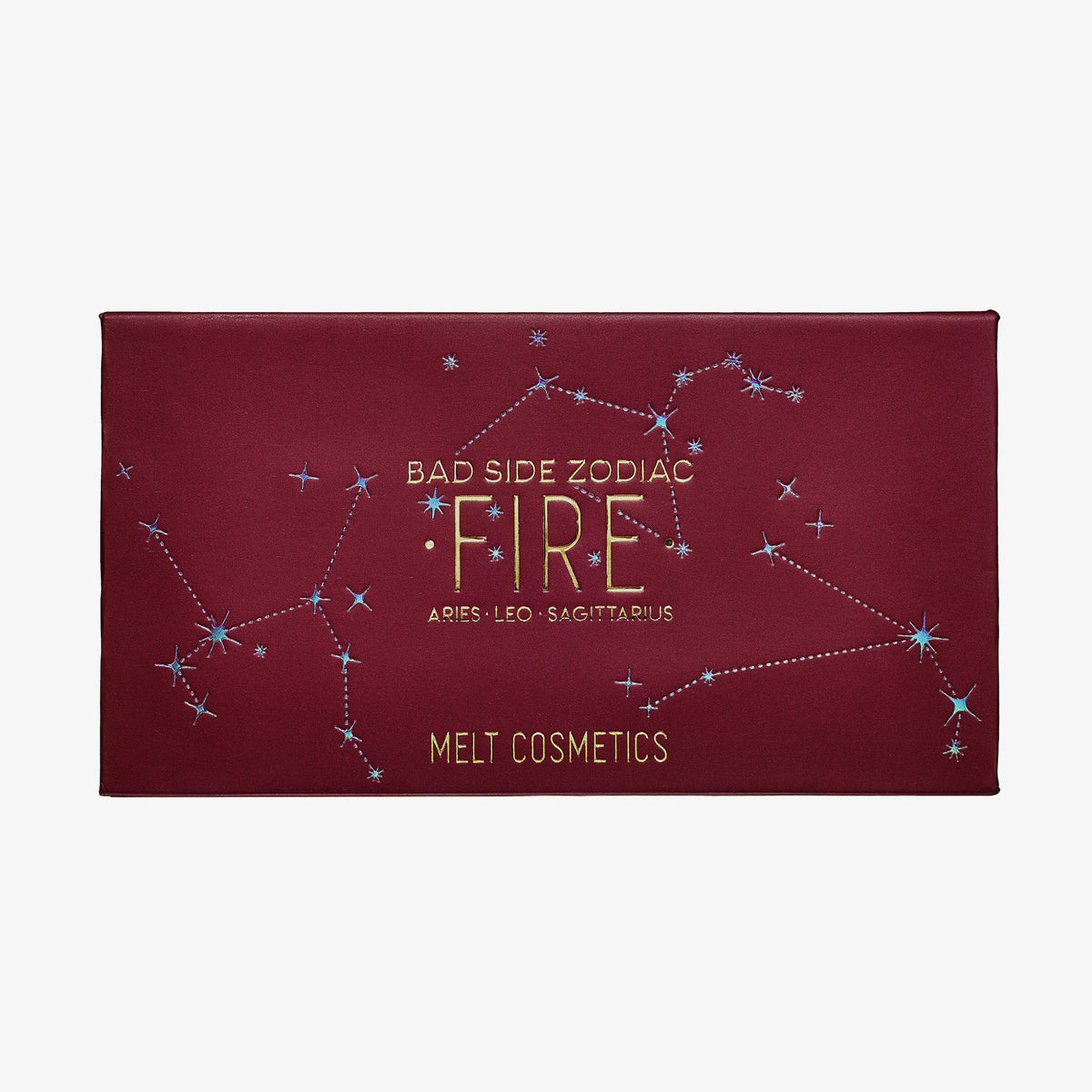 Eine rote Bad Side Zodiac FIRE Lidschattenpalette von Melt Cosmetics mit Sternbild-Design
