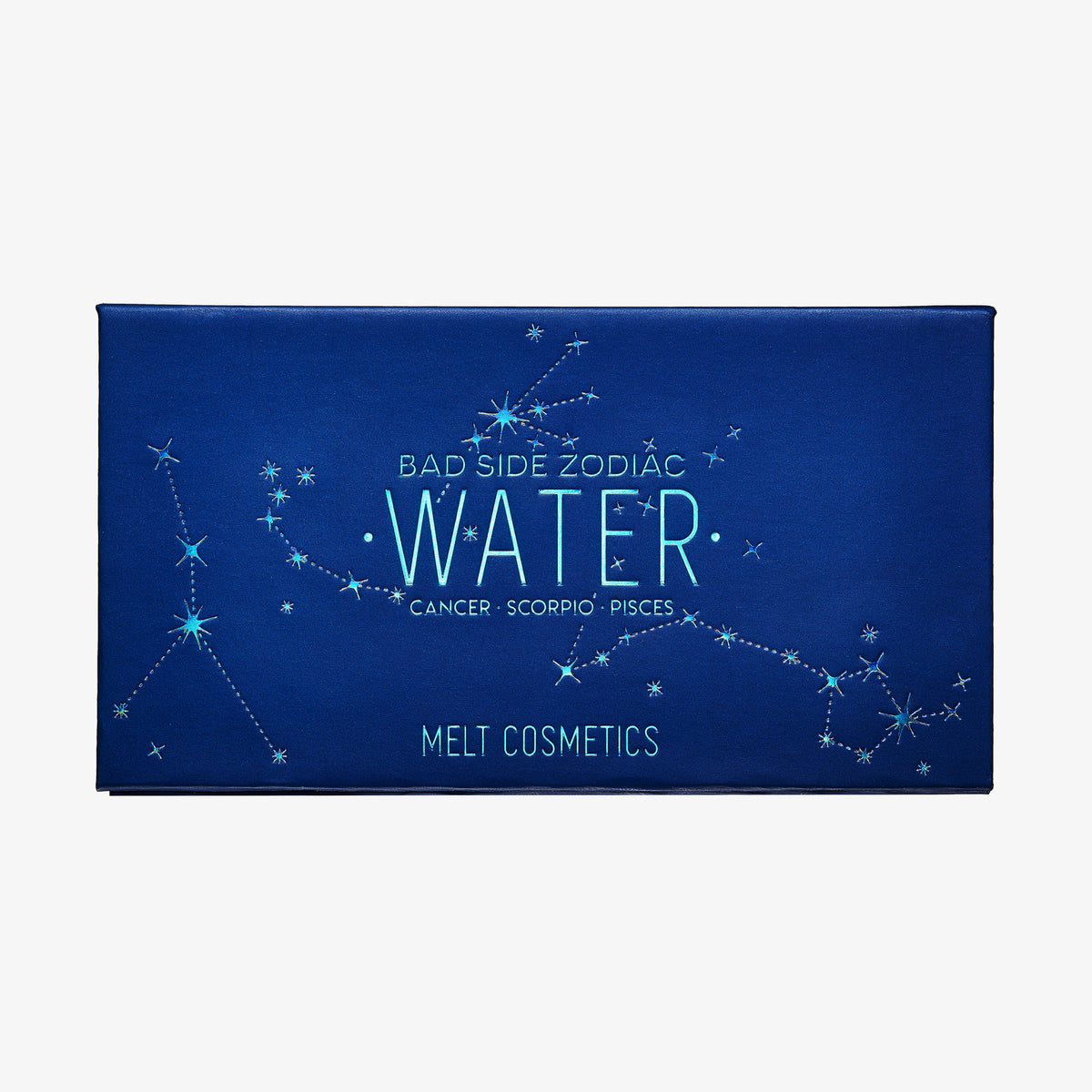 Eine blaue Bad Side Zodiac WATER Lidschattenpalette von Melt Cosmetics zeigt Sternbilder und Sternzeichen.