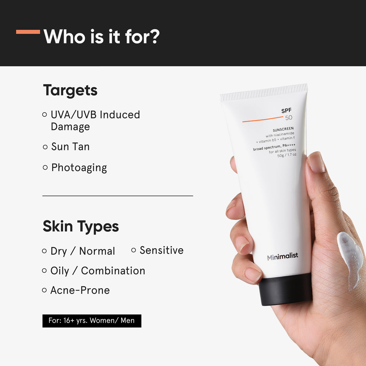 Eine Hand hält die Sonnenschutzcreme. Der Text hebt die Schutzziele und die Verträglichkeit mit allen Hauttypen hervor.