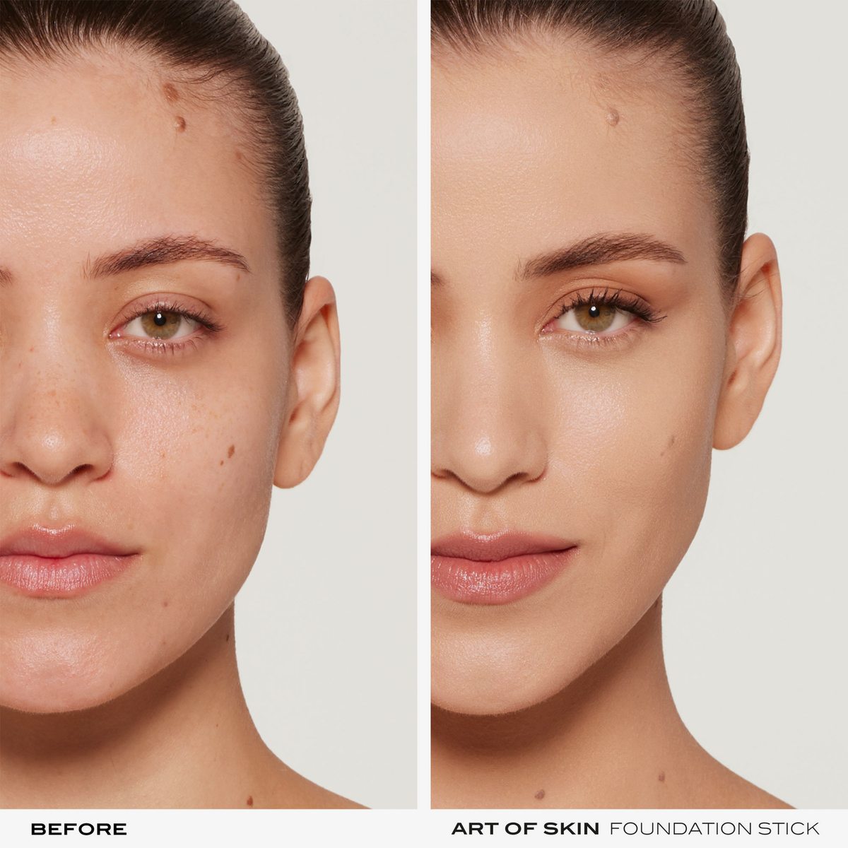 Das geteilte Bild zeigt das Gesicht einer Frau vor und nach der Anwendung des NABLA Cosmetics Art Of Skin Foundation Stick, der eine glattere und ebenmäßigere Haut zeigt.