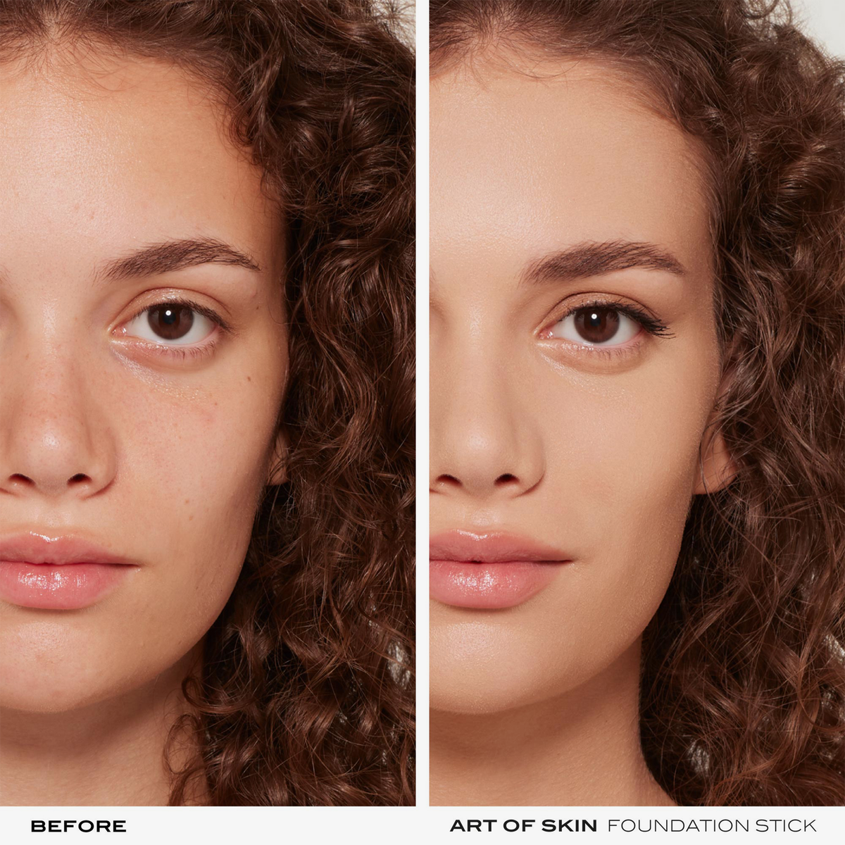 Split-Bild eines Frauengesichts, das die Haut vor und nach dem Auftragen von NABLA Cosmetics Art Of Skin Foundation Stick zeigt.