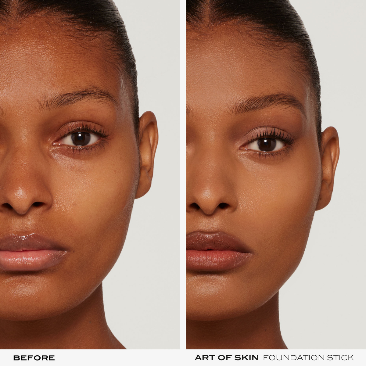 Gegenüberstellung des Gesichts einer Frau vor und nach dem Auftragen des NABLA Cosmetics Art Of Skin Foundation Stick.