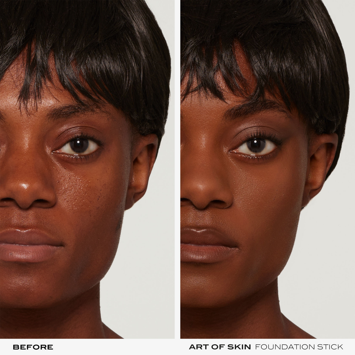 Split-Screen des Gesichts einer Frau, die ihre Haut vor und nach dem Auftragen des NABLA Cosmetics Art Of Skin Foundation Stick zeigt.