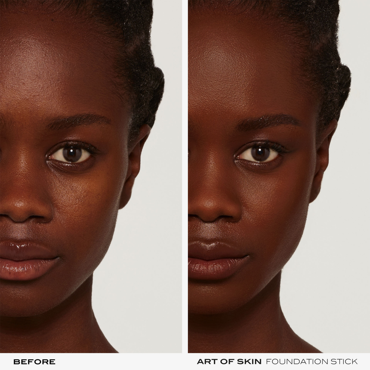 Die Gegenüberstellung des Gesichts einer Frau vor und nach der Anwendung des Art Of Skin Foundation Stick von NABLA Cosmetics zeigt eine glattere, ebenmäßigere Haut.