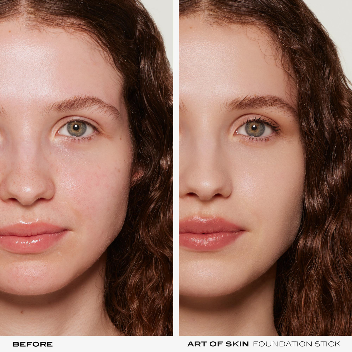 Teilbild des Gesichts einer Frau vor und nach der Anwendung des NABLA Cosmetics Art Of Skin Foundation Stick, das eine glattere und ebenmäßigere Haut zeigt.