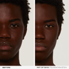 Das geteilte Bild zeigt ein Gesicht vor und nach dem Auftragen des NABLA Cosmetics Art Of Skin Foundation Stick, wobei der Hautton auf der rechten Seite gleichmäßiger ist.