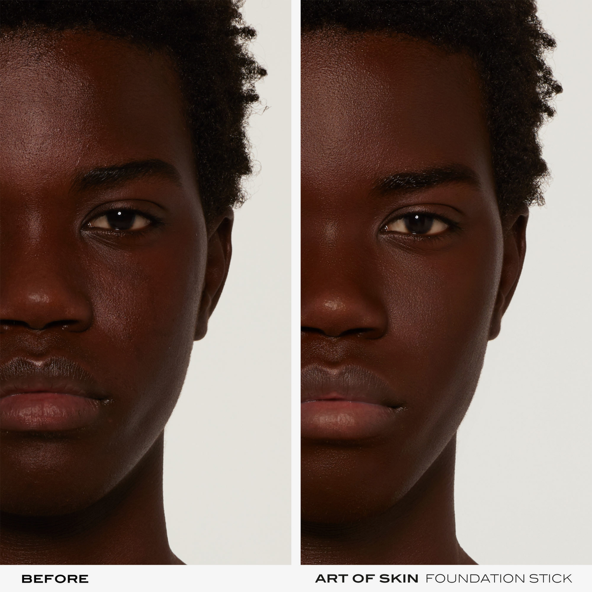Das geteilte Bild zeigt ein Gesicht vor und nach dem Auftragen des NABLA Cosmetics Art Of Skin Foundation Stick, wobei der Hautton auf der rechten Seite gleichmäßiger ist.