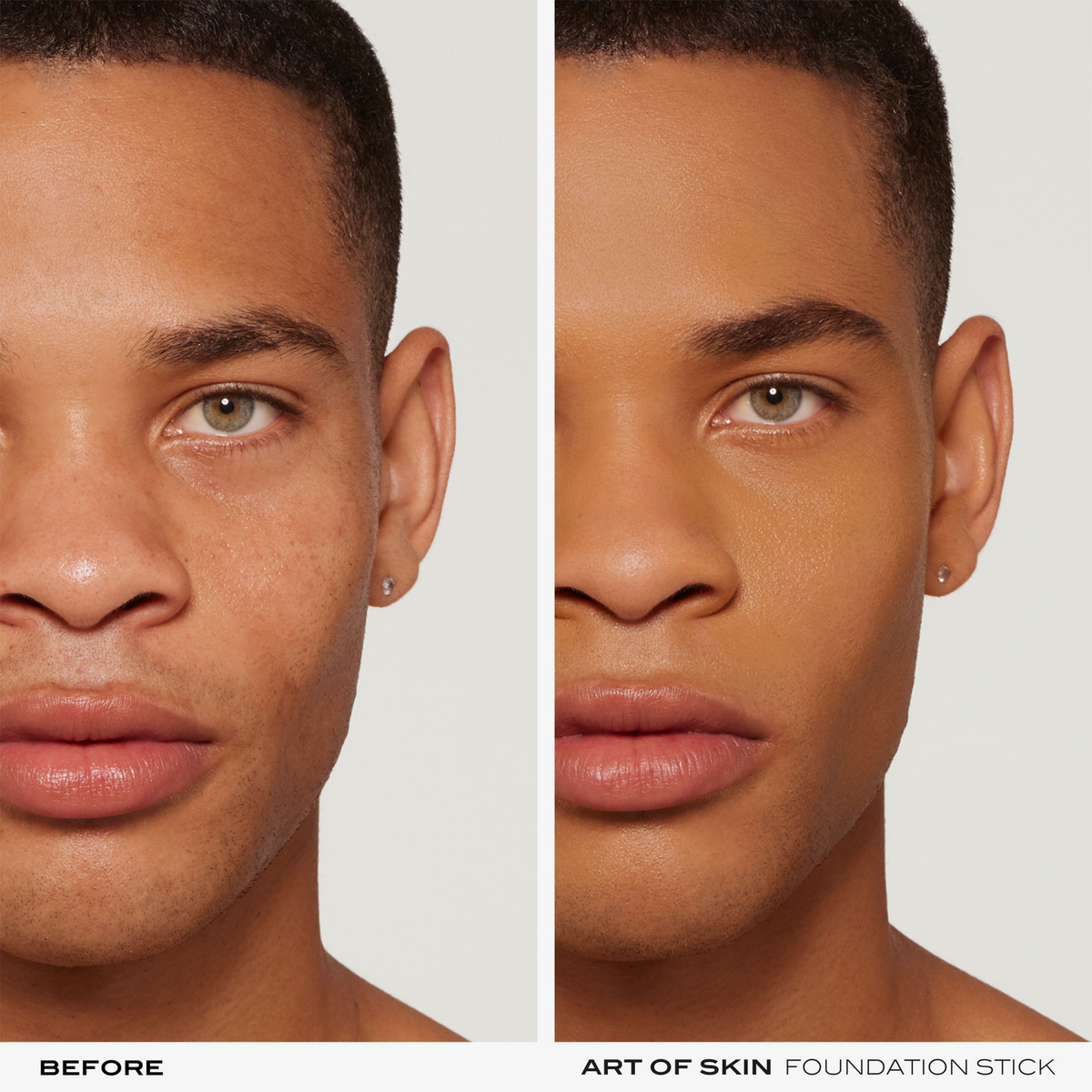 Split-Screen des Gesichts eines Mannes vor und nach der Anwendung des NABLA Cosmetics Art Of Skin Foundation Stick, der eine glattere, ebenmäßigere Haut zeigt.