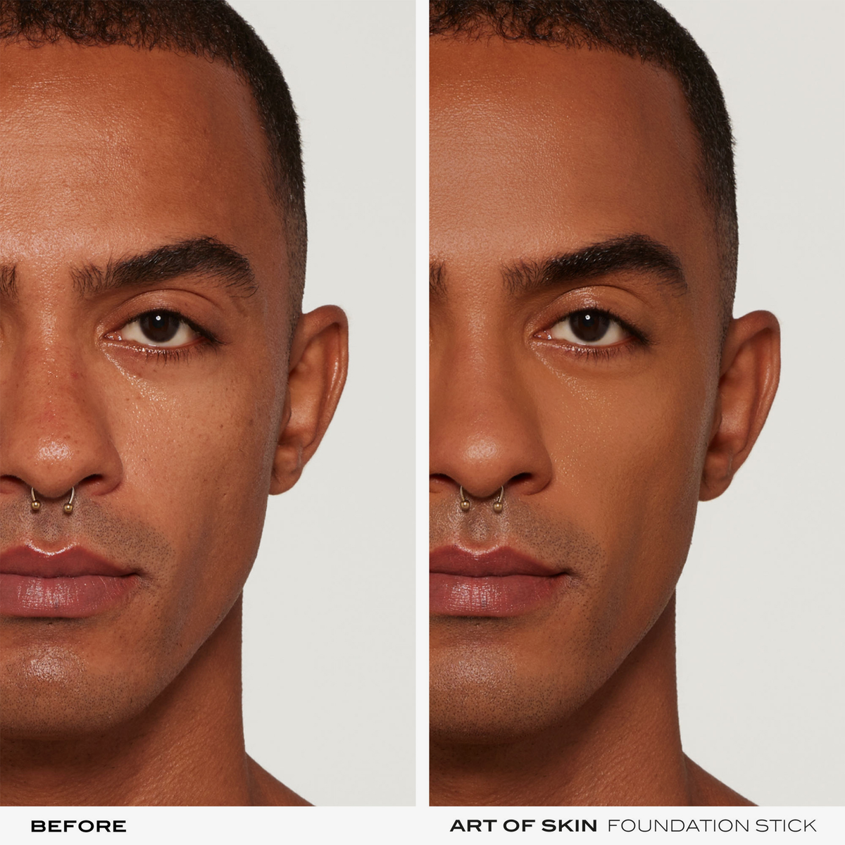 Das geteilte Bild zeigt das Gesicht eines Mannes vor und nach dem Auftragen des NABLA Cosmetics Art Of Skin Foundation Stick, das eine glattere, gleichmäßigere Haut nach dem Auftragen zeigt.