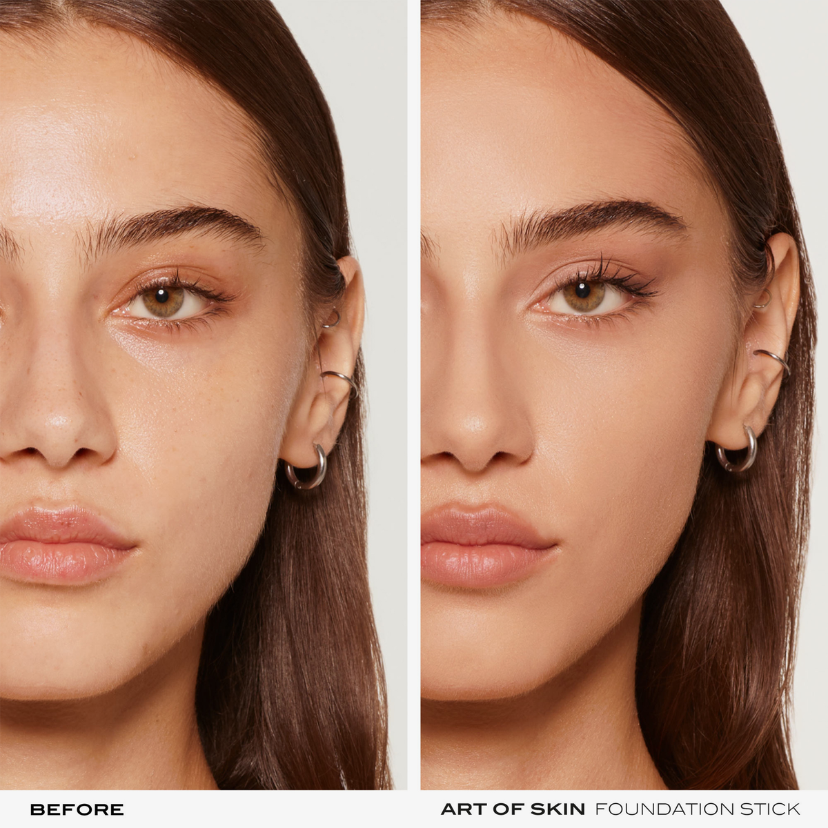 Die Gegenüberstellung des Gesichts einer Frau vor und nach der Anwendung des NABLA Cosmetics Art Of Skin Foundation Stick zeigt eine glattere, ebenmäßigere Haut.