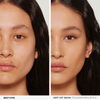 Das Gesicht einer Frau vor und nach dem Auftragen des NABLA Cosmetics Art Of Skin Foundation Stick, das ein glatteres Hautbild zeigt.