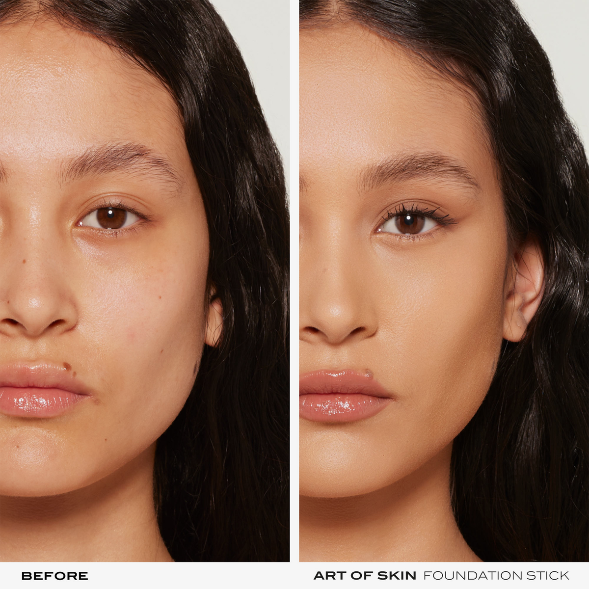 Das Gesicht einer Frau vor und nach dem Auftragen des NABLA Cosmetics Art Of Skin Foundation Stick, das ein glatteres Hautbild zeigt.