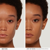 Das geteilte Bild zeigt das Gesicht einer Frau vor und nach der Anwendung des NABLA Cosmetics Art Of Skin Foundation Stick, der eine glattere, ebenmäßigere Haut nach dem Auftragen zeigt.