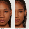 Teilbild des Gesichts einer Frau vor und nach der Anwendung des NABLA Cosmetics Art Of Skin Foundation Stick, das eine glattere und ebenmäßigere Haut zeigt.