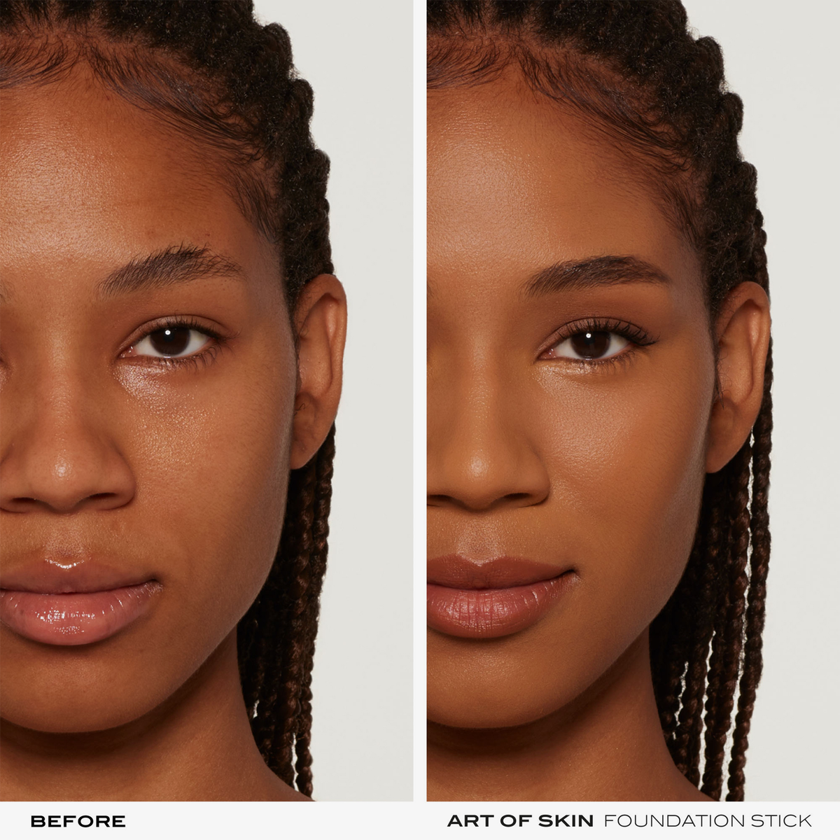 Teilbild des Gesichts einer Frau vor und nach der Anwendung des NABLA Cosmetics Art Of Skin Foundation Stick, das eine glattere und ebenmäßigere Haut zeigt.