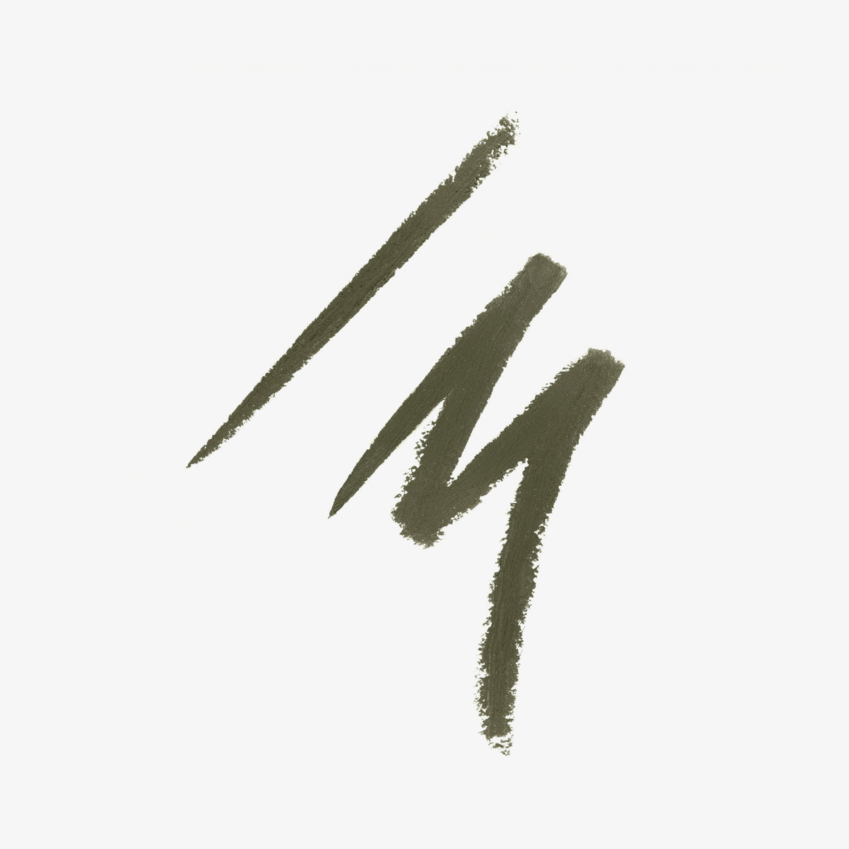 Drei olivgrüne, unterschiedlich dicke Linien auf weißem Hintergrund, gemalt mit einem cremigen Kajalstift – zeigen die Farbintensität und Textur.