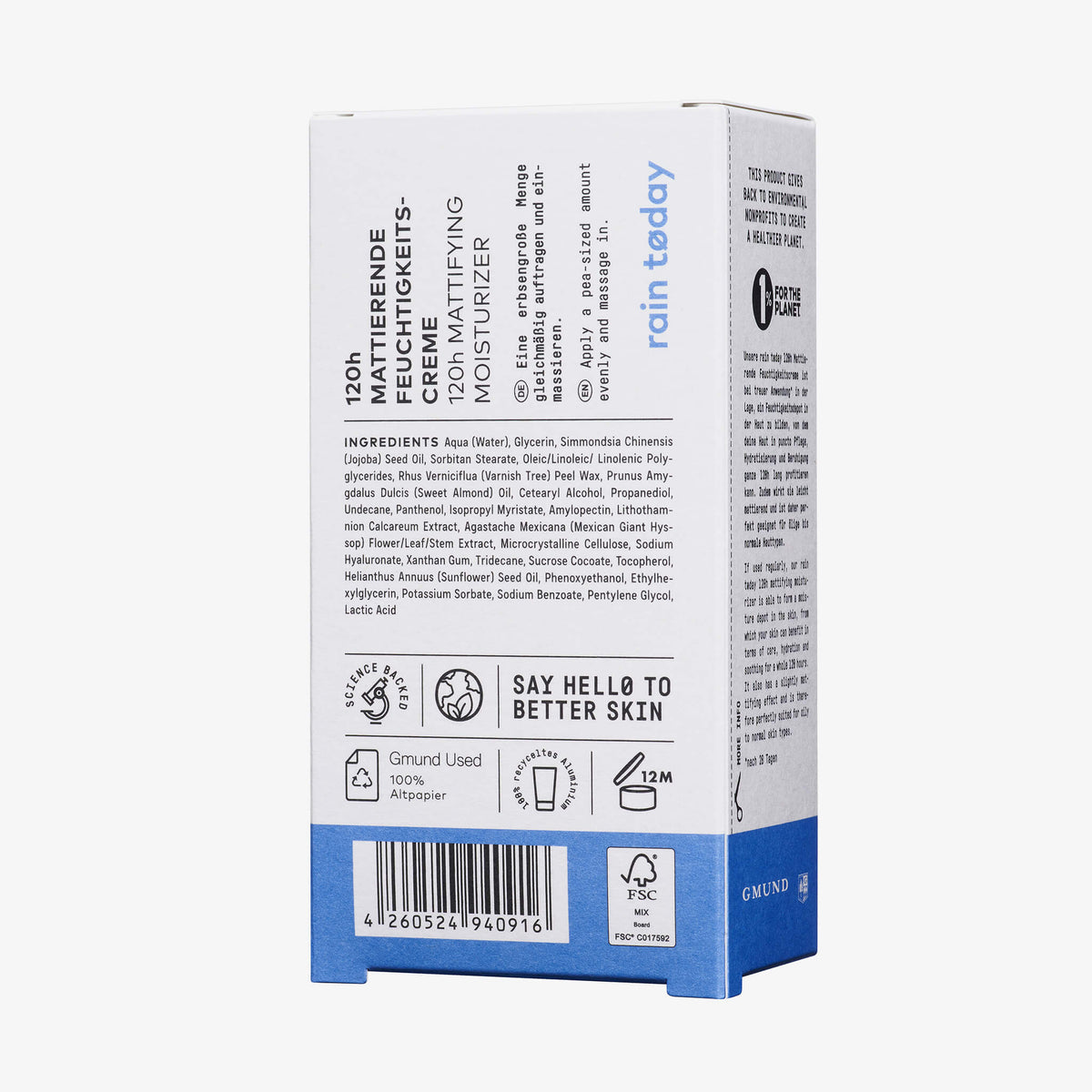 Weiße Rain Tøday 120h mattiernde Feuchtigkeitscreme-Box mit blauen Akzenten und Produktbeschreibung auf der Rückseite.