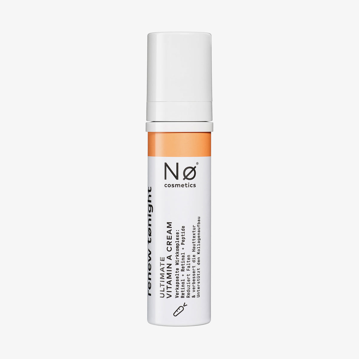 Eine weiße und orangefarbene Flasche von Nø Cosmetics renew tønight Ultimate Vitamin A Cream steht aufrecht auf weißem Hintergrund.