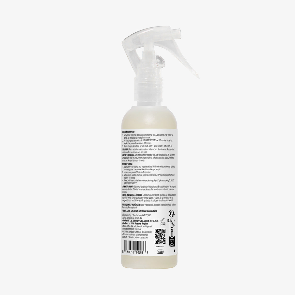 Rückseite N°0 Intensive Bond Building Hair Treatment in einer durchsichtigen Sprühflasche mit Anweisungen und Informationen.