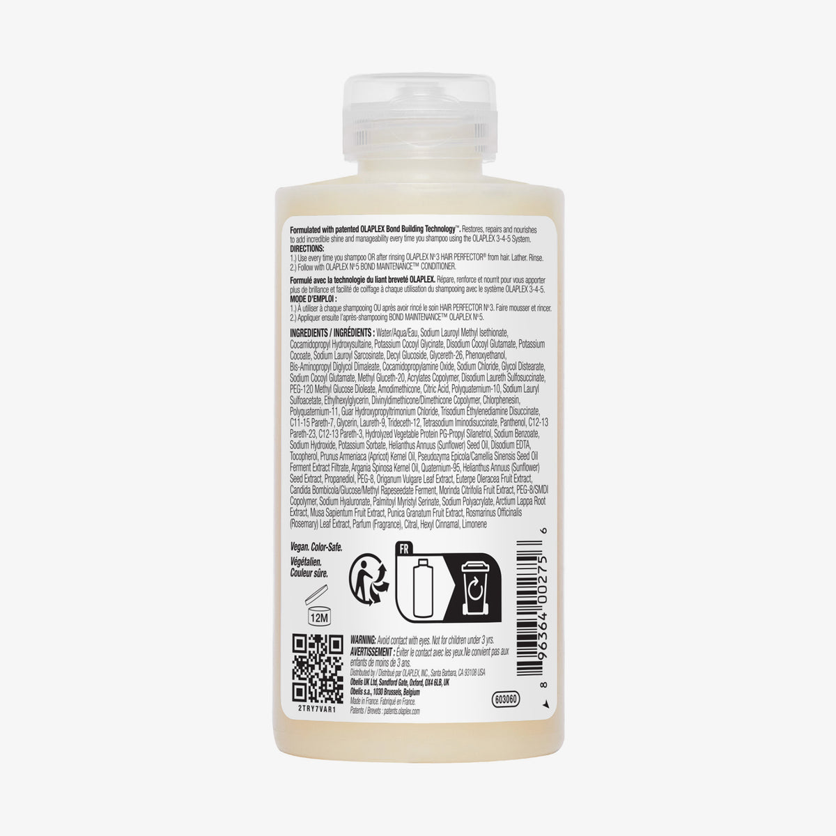 Rückseite der Flasche N°4 Bond Maintenance Shampoo mit Angaben zu Inhaltsstoffen, Gebrauchsanweisung, Recyclingsymbolen und Strichcode.