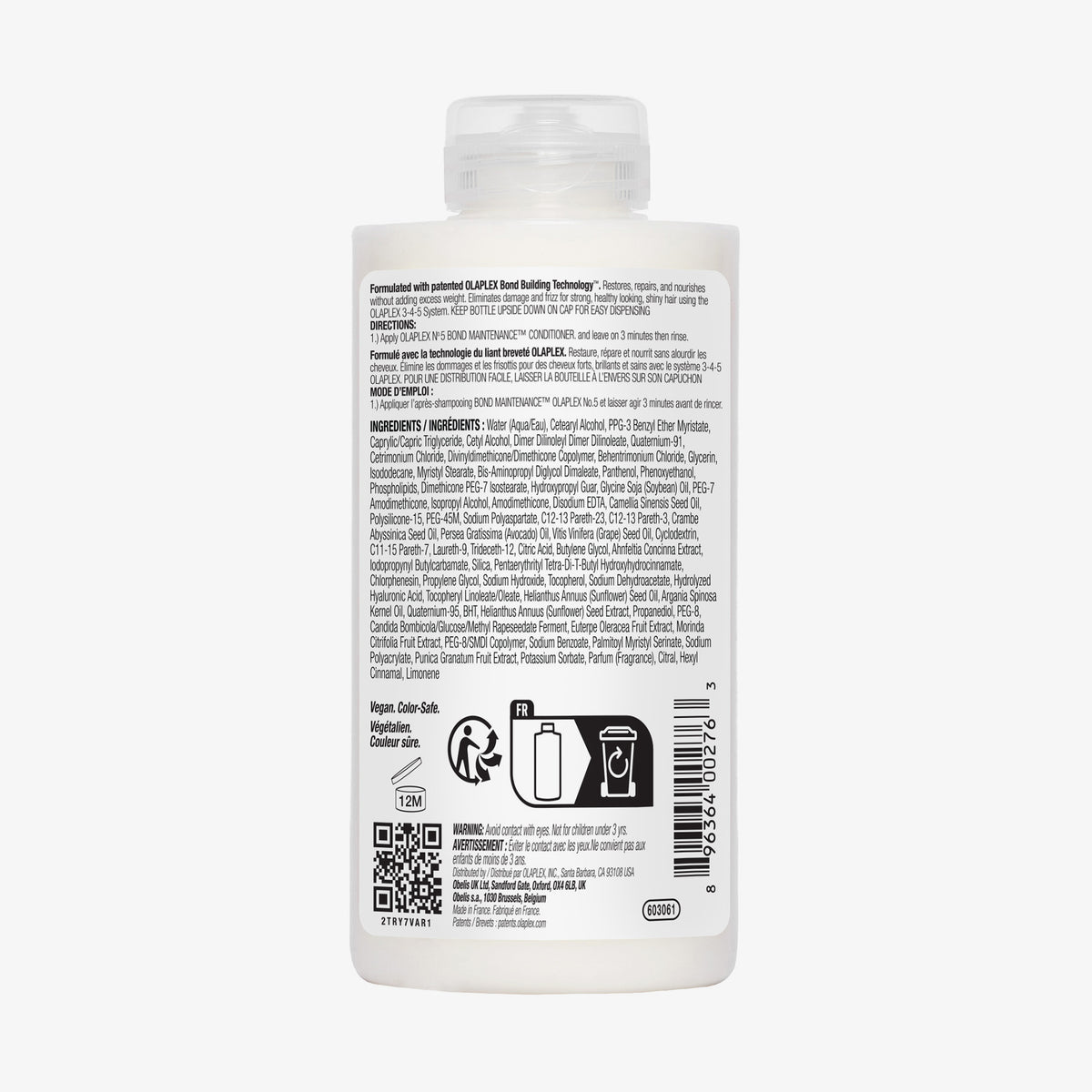 Rückseite einer weißen Flasche N°5 Bond Maintenance Conditioner mit Angaben zu Inhaltsstoffen, Gebrauchsanweisungen und Recyclingsymbolen.