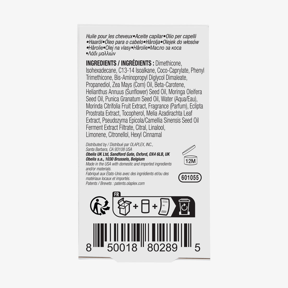 Auf der Rückseite der 30-ml-Box N°7 Bonding Oil sind die Inhaltsstoffe, Anwendungssymbole und Strichcode angegeben.