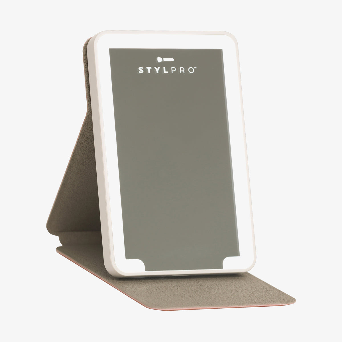 Der STYLPRO LED Mini Mirror ist ein rechteckiger Schminkspiegel mit einem klappbaren Ständer und dem Markenlogo auf der Oberseite.