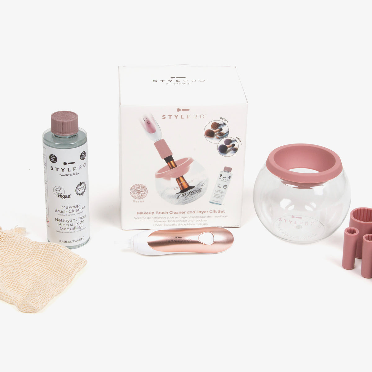 STYLPRO Makeup Brush Cleaner and Dryer Gift Set mit Box, Glasbowl, Reinigungsflüssigkeit, Griff in Roségold und Silikonaufsätzen.