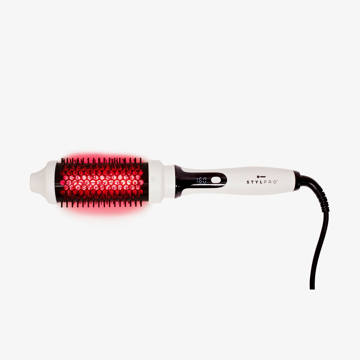 Die STYLPRO Nah-Infrarot-Haarbürste verfügt über rote LED-Lichter, schwarze Borsten und einen weißen Griff.