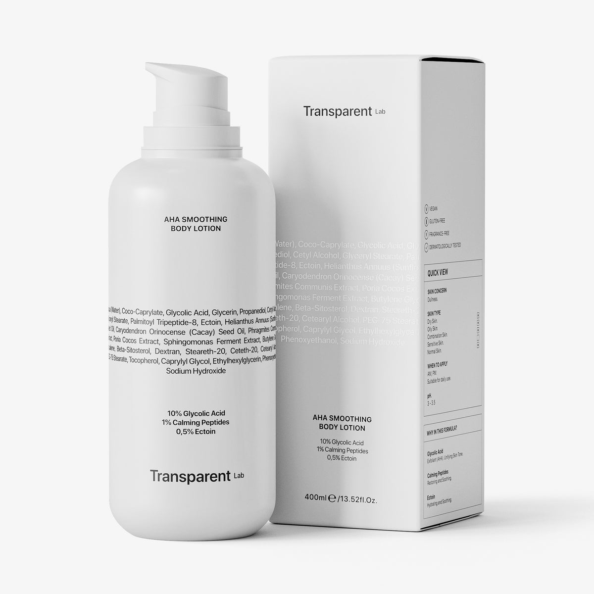 Weiße Flasche und Schachtel der AHA Smoothing Body Lotion von Transparent Lab mit sichtbarer Zutatenliste.