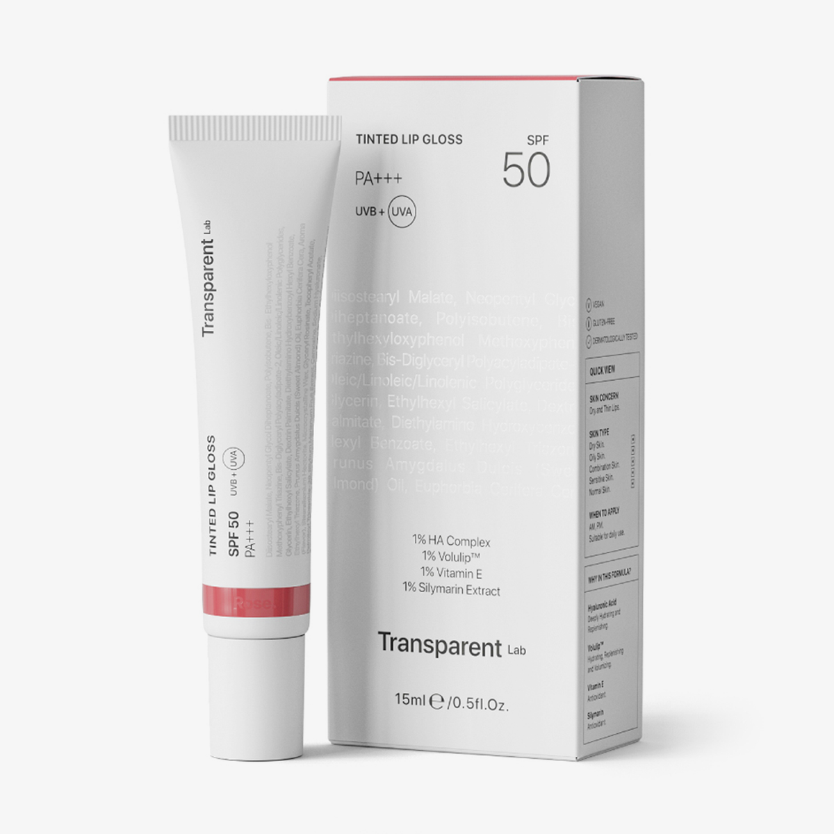 Eine Tube und eine Schachtel Tinted Lipgloss SPF50 mit Produktdetails auf der Verpackung.