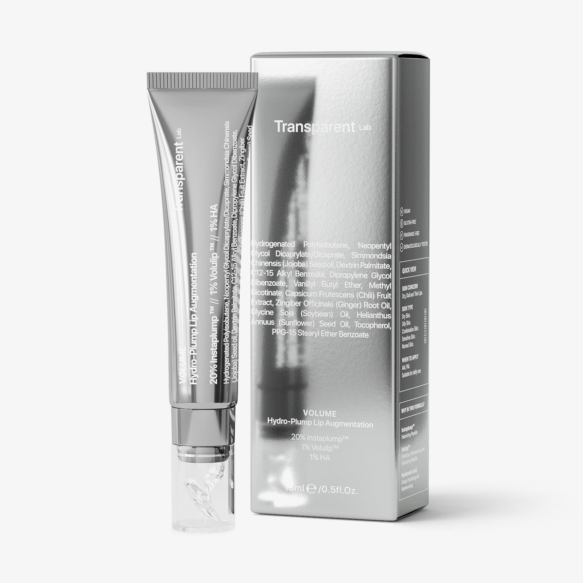 Metallische Tube und Schachtel mit Volume Hydrating Lip-Plumping Treatment auf weißem Hintergrund.