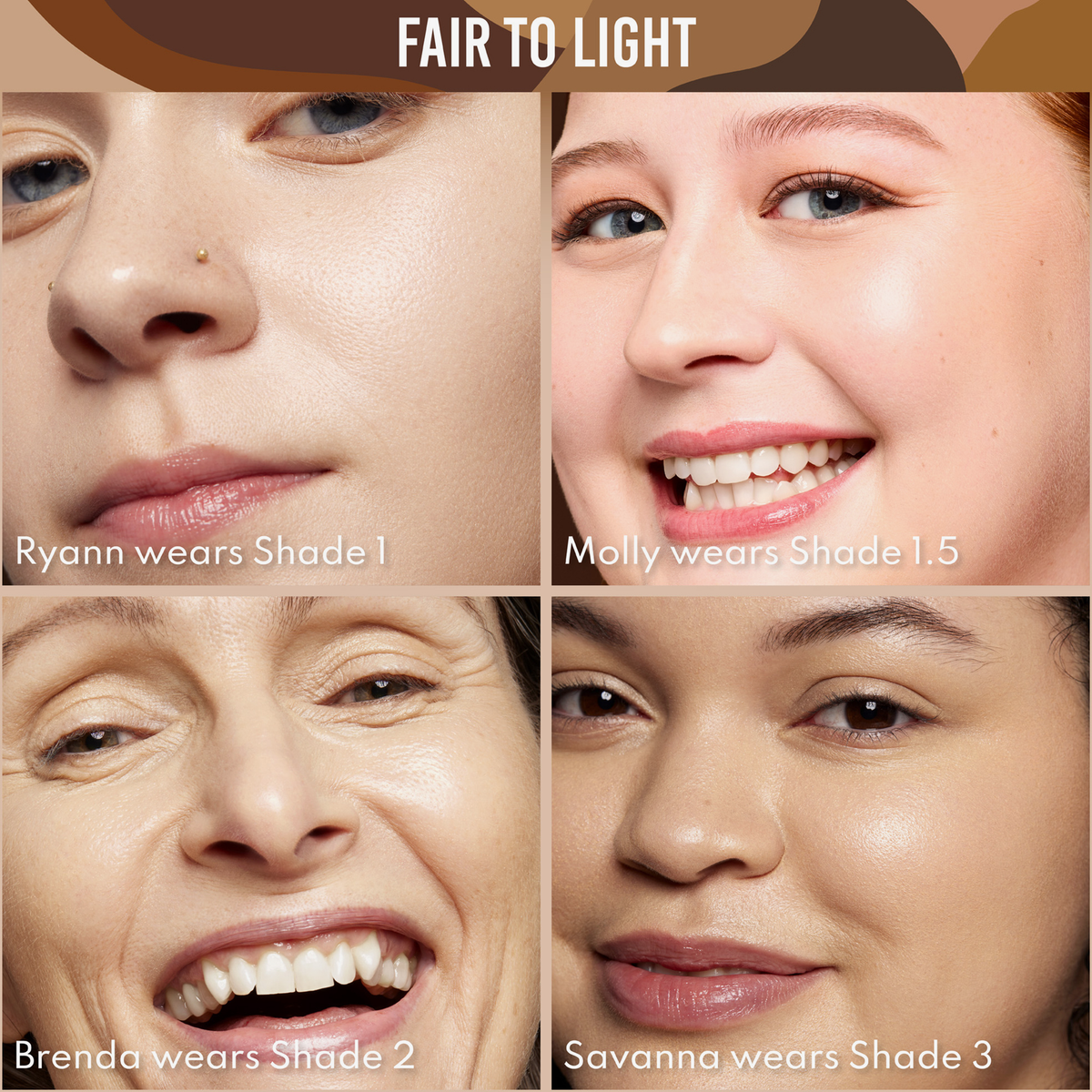 Vier Frauen mit unterschiedlich hellen Hauttönen präsentieren die Yummy Skin Serum Tint-Farbtöne 1, 1,5, 2 und 3.