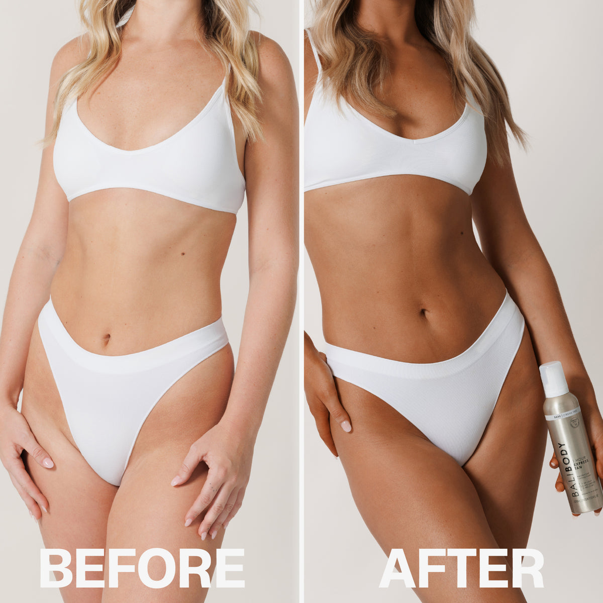 Vorher-nachher-Vergleich einer Frau im weißen Bikini, links mit heller Haut, rechts nach Anwendung des 1 HR Express 120g Dark mit deutlich dunklerem Hautton.