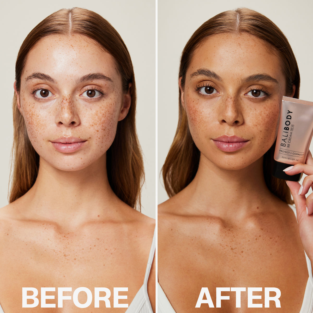 Das Gesicht einer Frau vor und nach der Verwendung der BB-Creme. Sichtbar bräunere Haut nach Anwendung