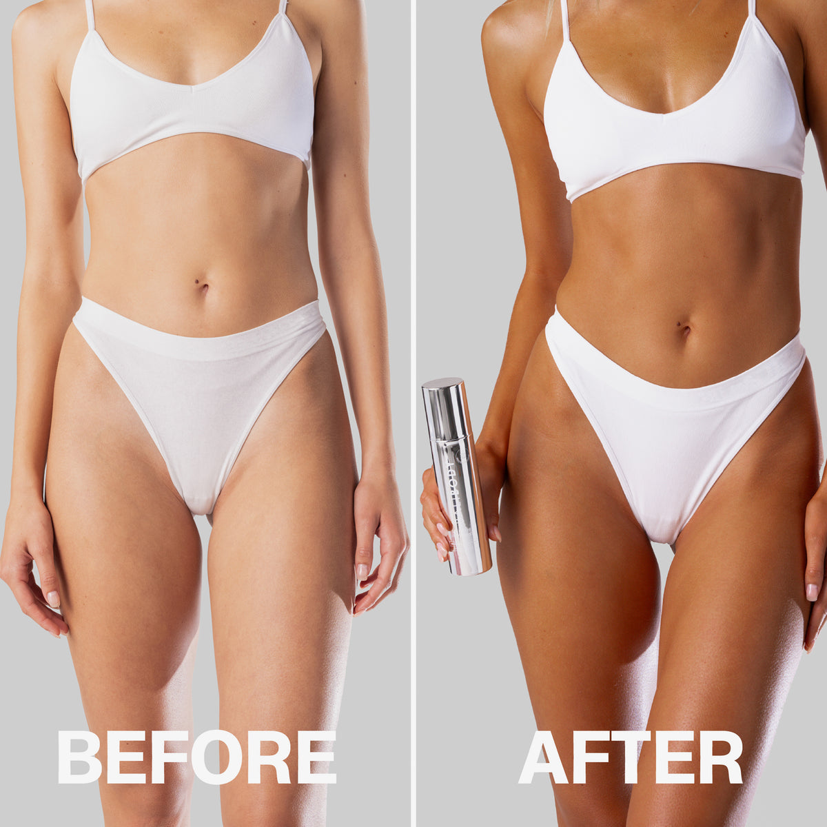 Vorher-Nachher-Bilder einer Frau in weißem Bikini; nachher deutlich gebräunte Haut mit dem Self Tan Body Mist in der Hand