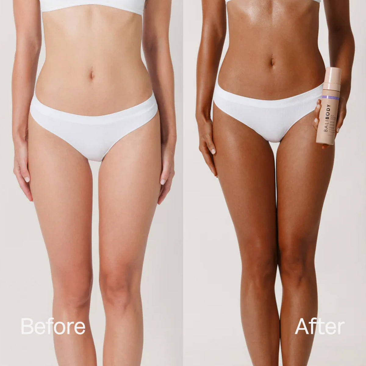 Vorher-Nachher-Bild einer Frau in weißer Unterwäsche, nachher deutlich gebräunt mit einer Flasche Self Tanning Mousse Deep Violet.