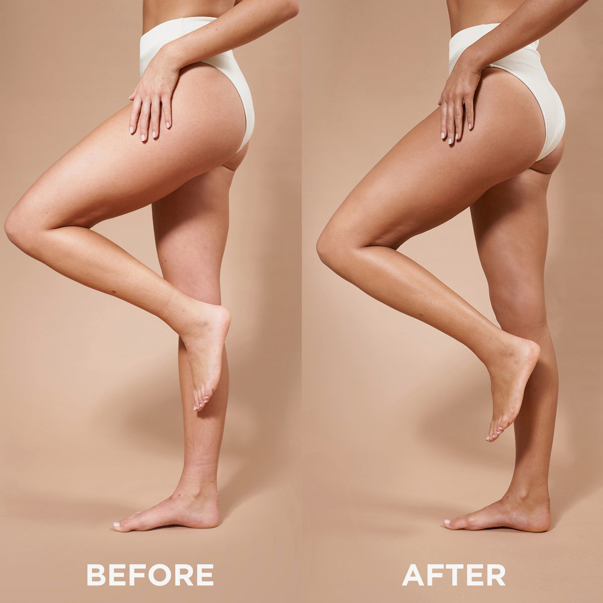 Vorher-Nachher-Bild einer Frau, die nach Anwendung der Gradual Tanning Lotion Tinted Skin Perfector deutlich gebräunt ist