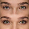 Vorher-Nachher-Bild der grünen Augen einer Person vor und nach (betonte lange Wimpern) Anwendung der Glam & Doll False Lashes Mascara 010.