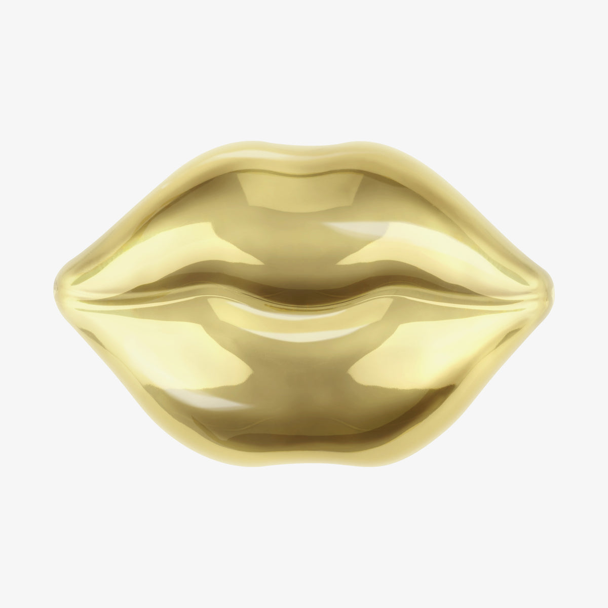 Glänzender goldener Deckel des KISS & GLOW Shimmer Lip Balm C01 in Lippenform vor weißem Hintergrund.