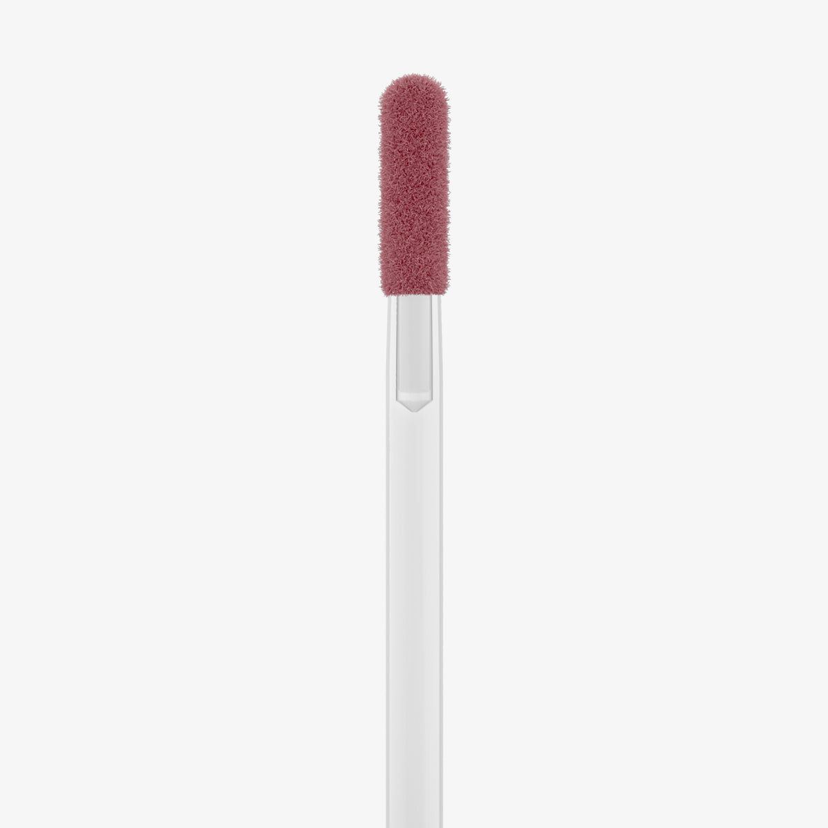 Eine Nahaufnahme des Applikators des Catrice Cosmetics Shine Bomb Lip Lacquer 060, der einen rosafarbenen Glanz und einen weißen Griff vor einem weißen Hintergrund aufweist.