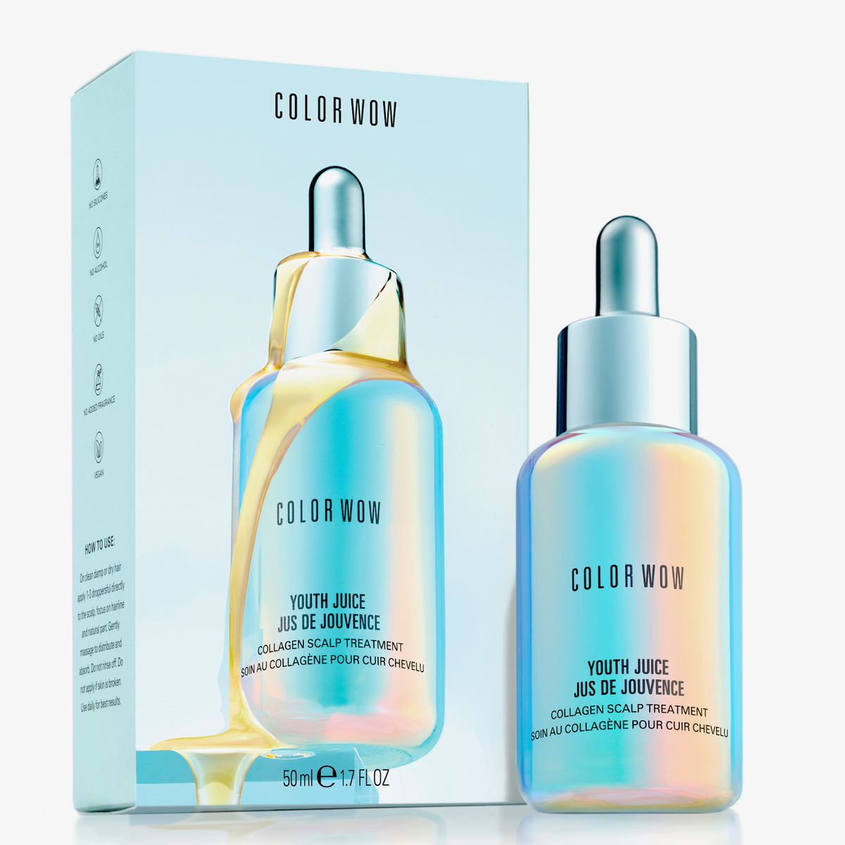 Blaue Flasche und Verpackung des Youth Juice Collagen Scalp Treatment von Color Wow mit Chromefinish vor weißem Hintergrund.