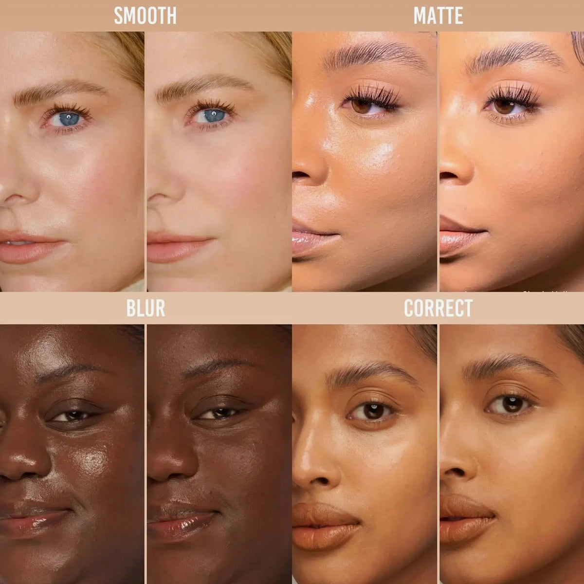Vier Frauen mit unterschiedlichen Hauttönen zeigen Vorher- und Nachher-Ergebnisse bei der Verwendung von Evolution Powder für glatte, matte, und korrigierte Make-up-Finishes.