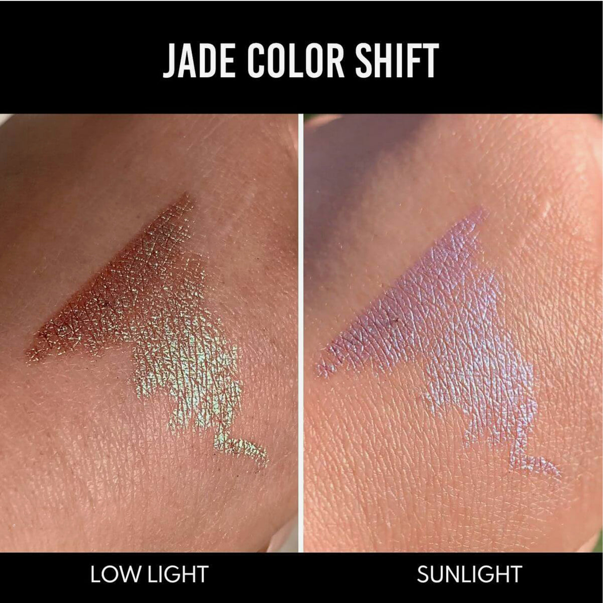 Eine Hand zeigt Farbmuster des Infinite Chrome Pencil Jade bei schwachem Licht (orange-grün schimmernd) und im Sonnenlicht (lila-blau schimmernd).