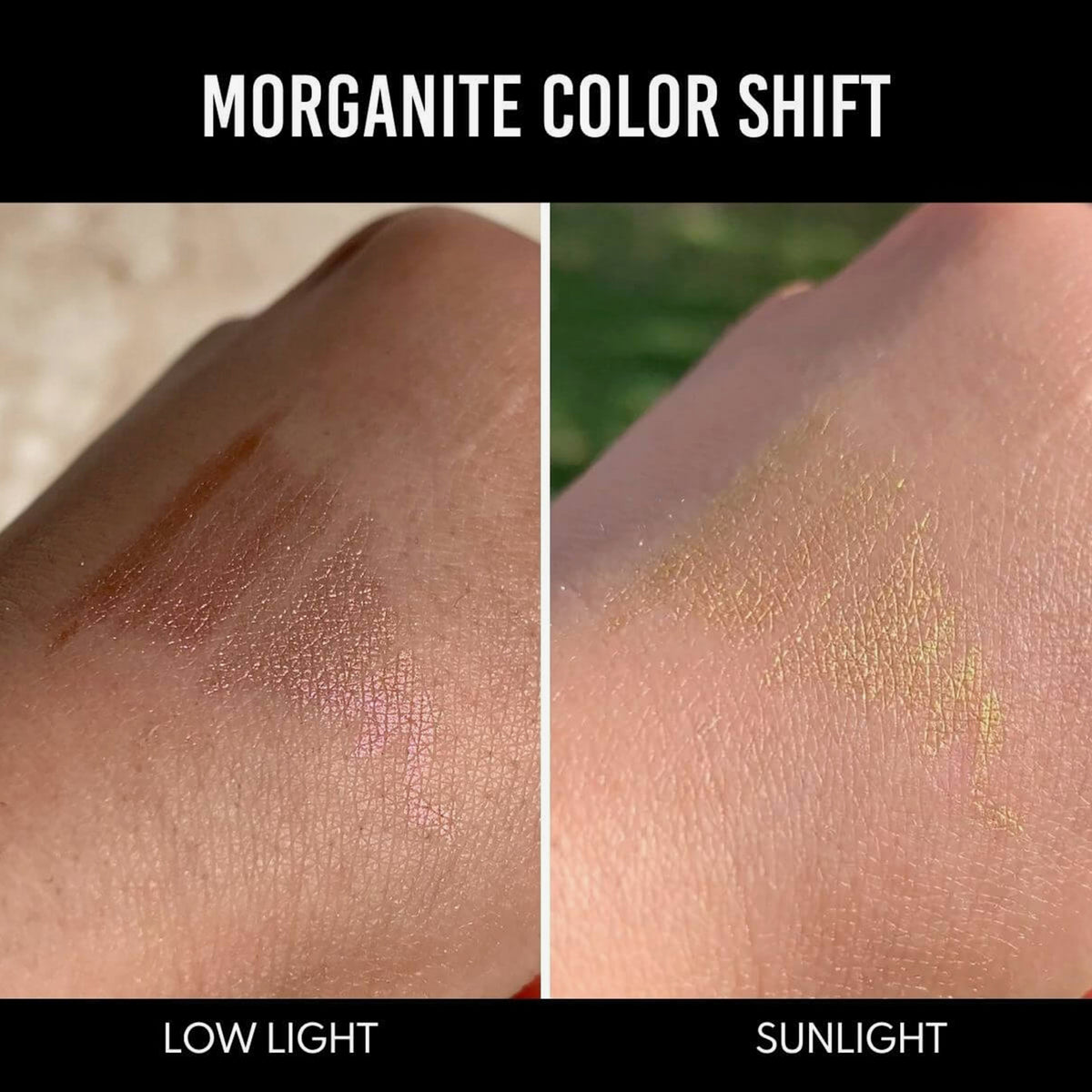Eine Hand zeigt Farbmuster des Infinite Chrome Pencil Morganite bei schwachem Licht (roségold schimmernd) und im Sonnenlicht (gelb schimmernd).