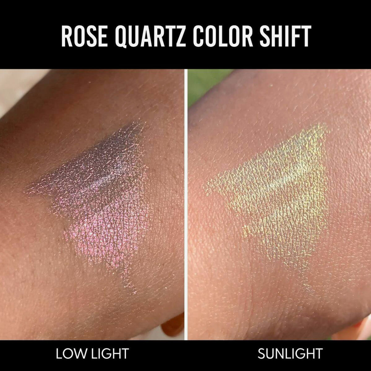 Eine Hand zeigt Farbmuster des Infinite Chrome Pencil Rose Quartz bei schwachem Licht (rosa-lila schimmernd) und im Sonnenlicht (gelb-grün schimmernd).