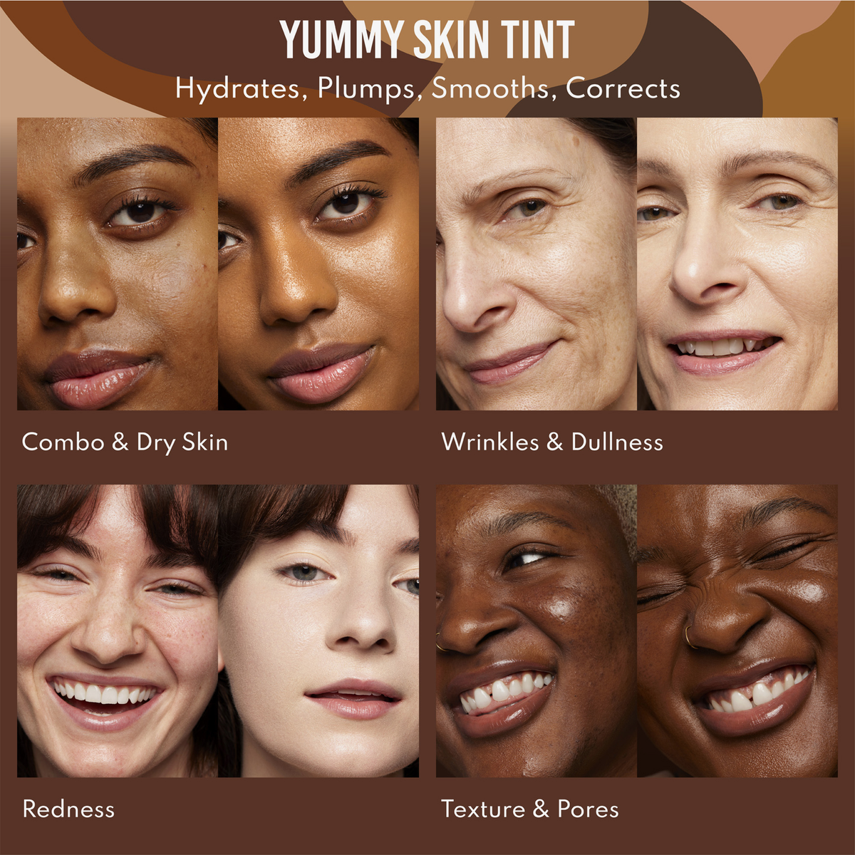 Vorher-Nachher-Bilder von 4 Personen mit unterschiedlichen Hauttönen; dazu Vorteile des Yummy Skin Serum Tint.