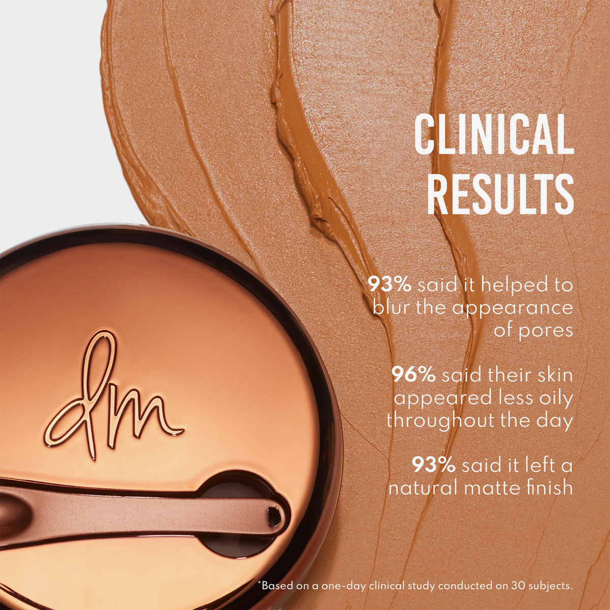Dose des Yummy Skin Blurring Balm Powders und eine braunen Creme-Swatches; daneben Ergebnisse der klinische Studie.