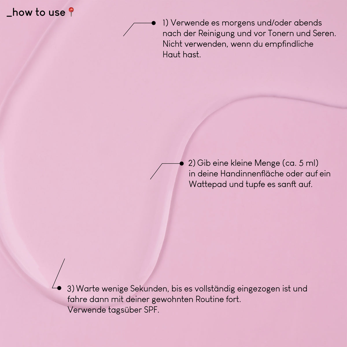 Klare Flüssigkeit von Smooth Out 100 ml auf rosa Oberfläche; daneben Anwendungshinweise.